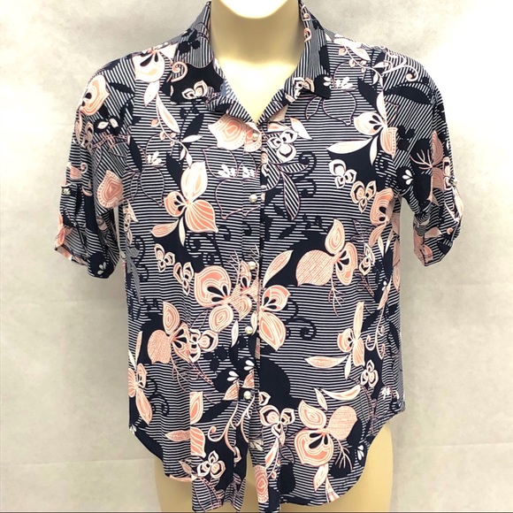 SJS navy white pink print button down top - Picture 1 of 7